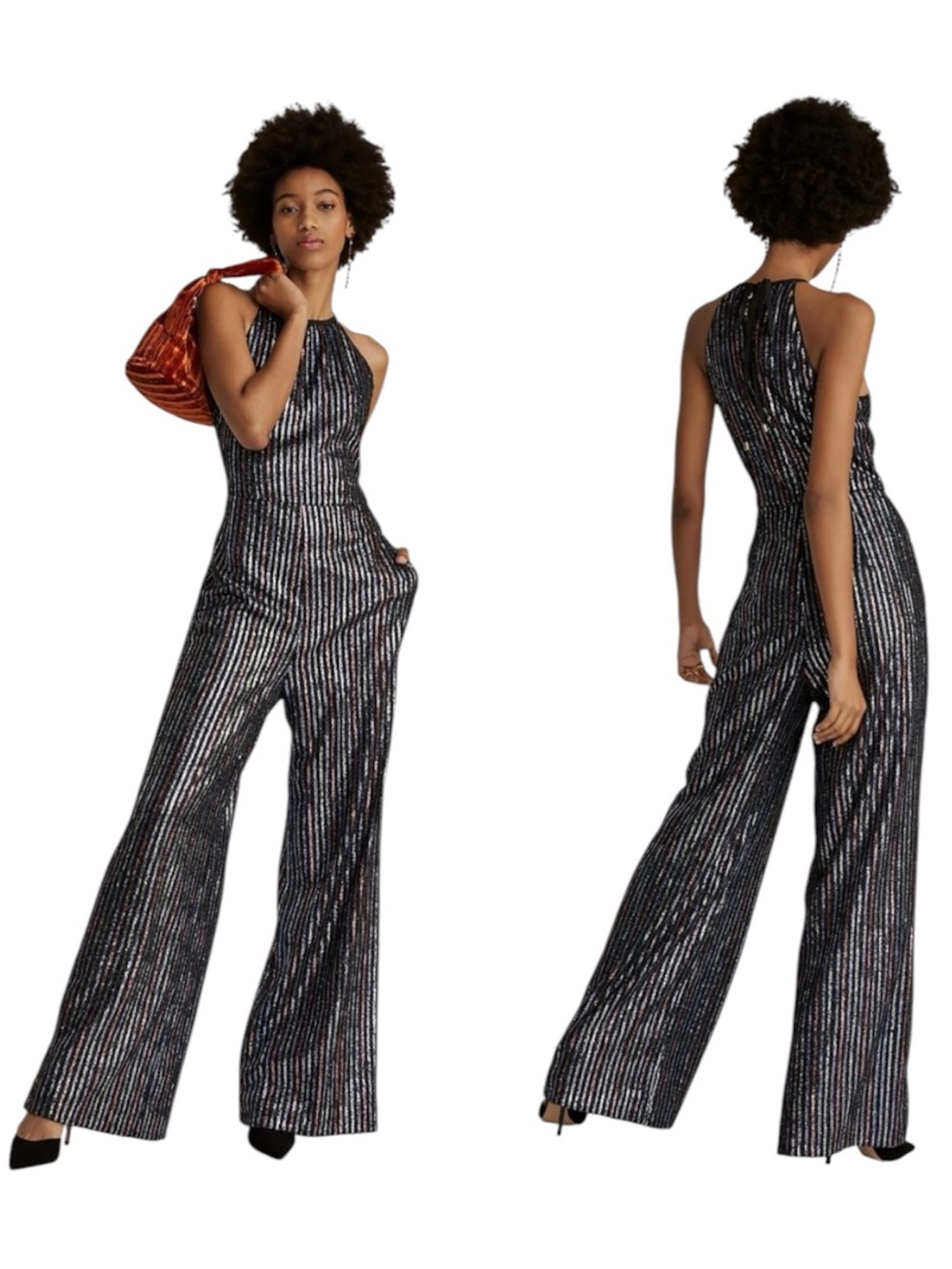 $180 NWT Anthropologie Maeve Black Striped Sequins Halter Disco Pant Romper